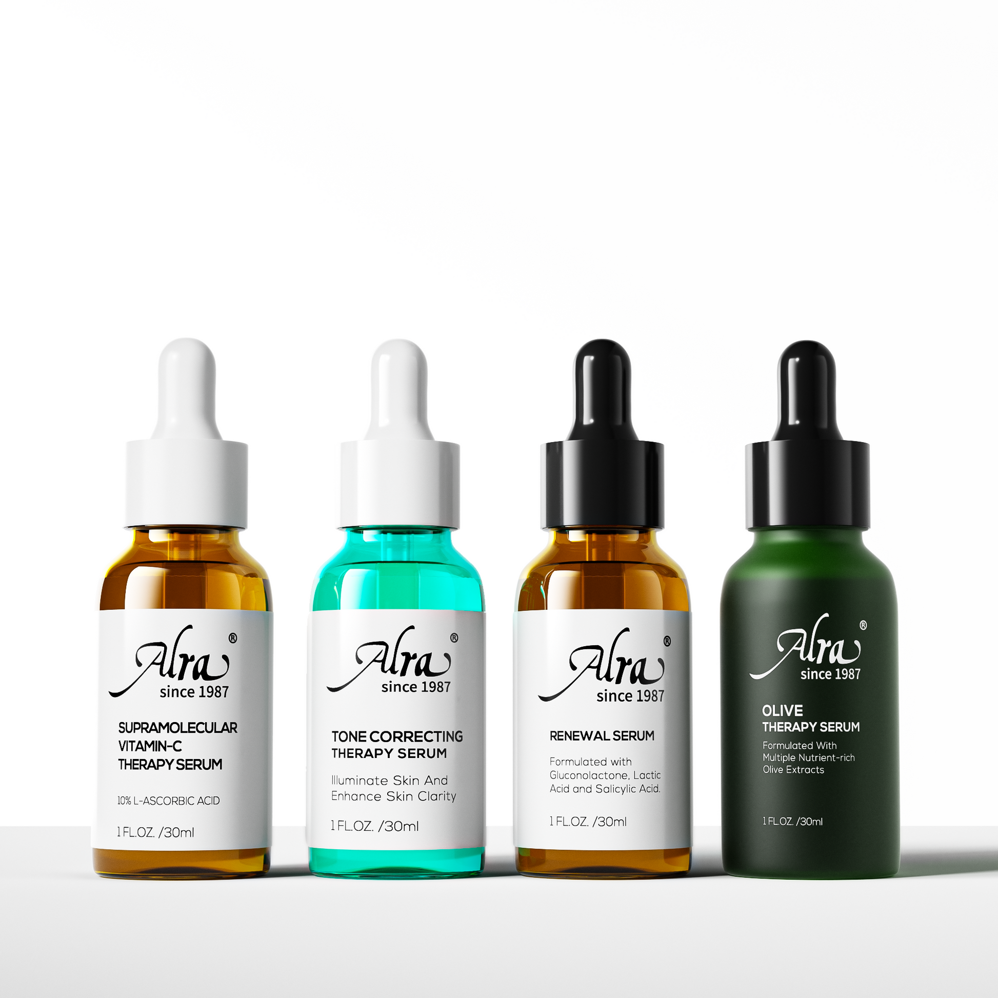 Alra’s 4-piece serum routine for complete skincare: Olive Therapy for acne, Supramolecular Vitamin C for dullness, Renewal Serum for wrinkles, and Tone Correcting Serum for dark spots.