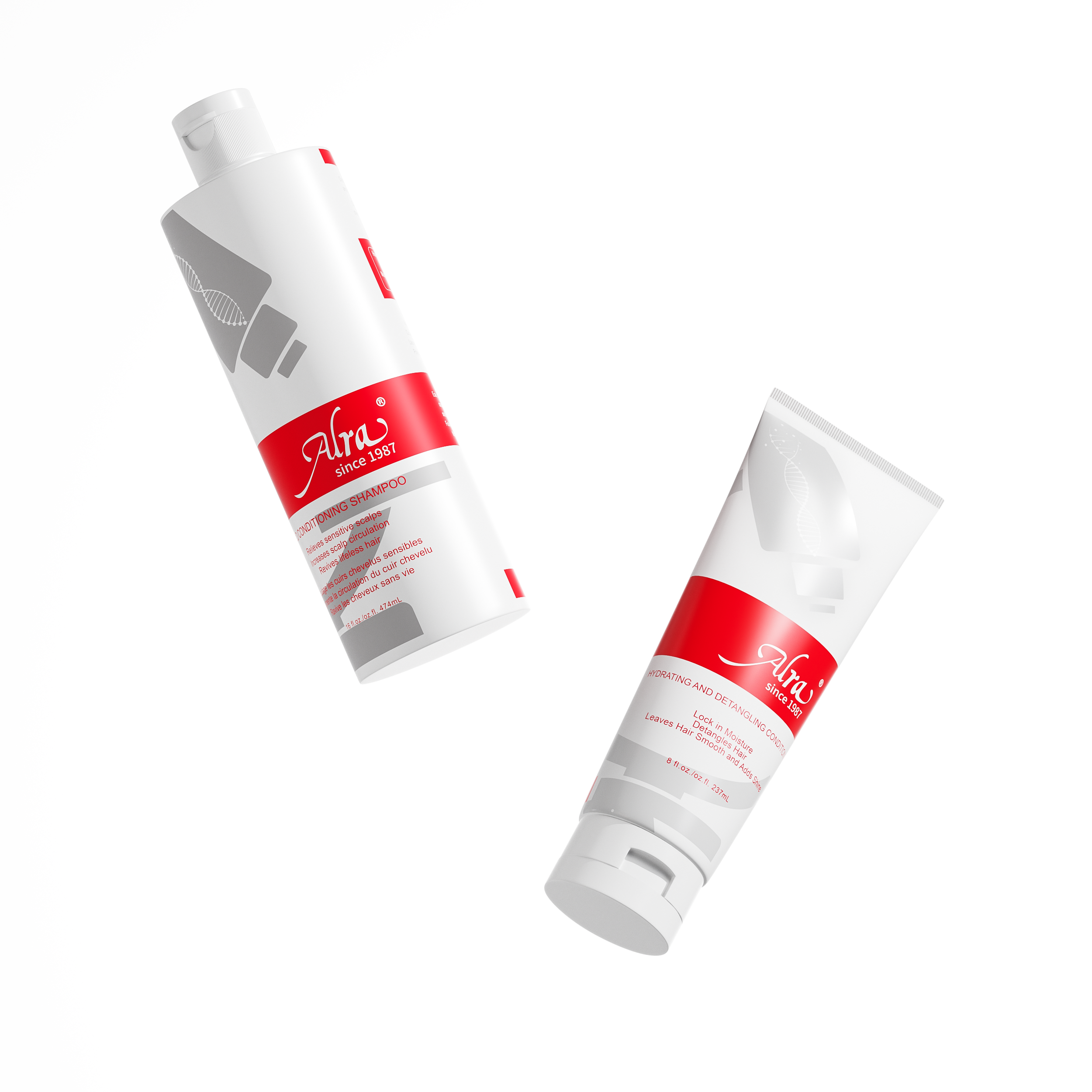 Alra Hydrating & Detangling Conditioner with shampoo bottle, showing full gentle haircare duo packaging