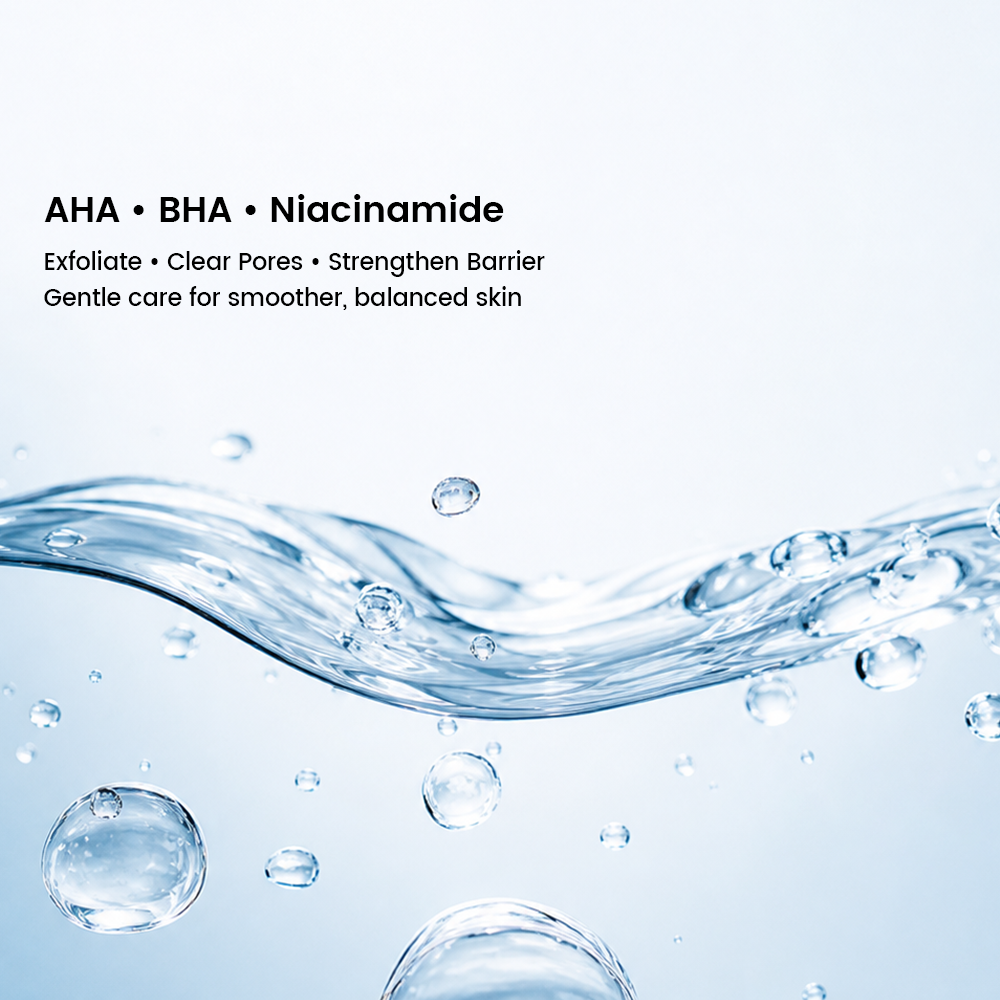 AHA BHA and niacinamide skincare products arranged for a gentle routine