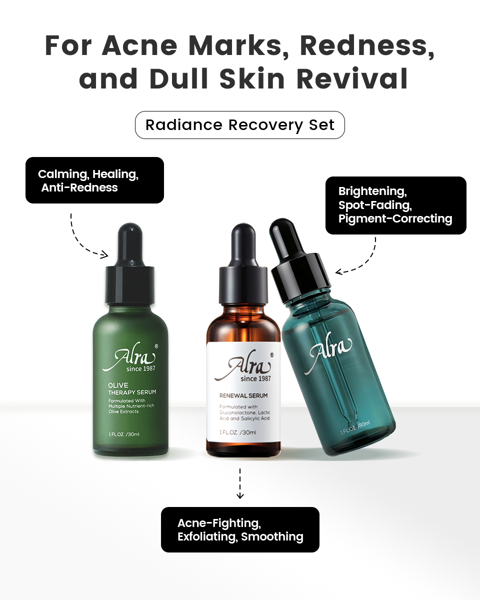 Alra radiance recovery set  for acne marks, redness, and dull skin to help brighten and soothe the complexion