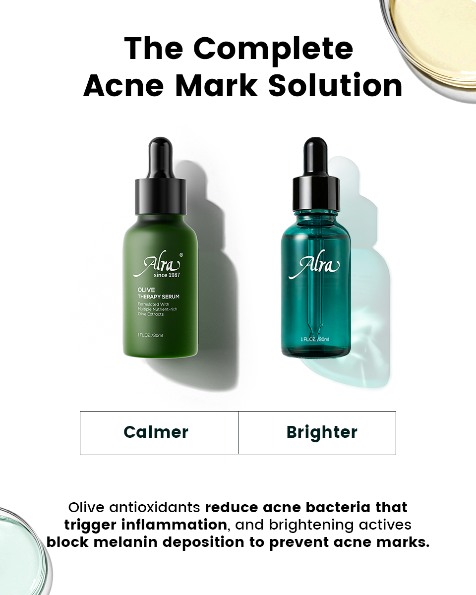 Alra complete acne mark solution featuring antioxidant and brightening serums to help reduce blemishes and improve skin tone