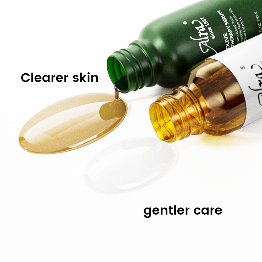Alra Blemish Rescue Set featuring Olive and Renewal Serum textures for clearer, calmer skin