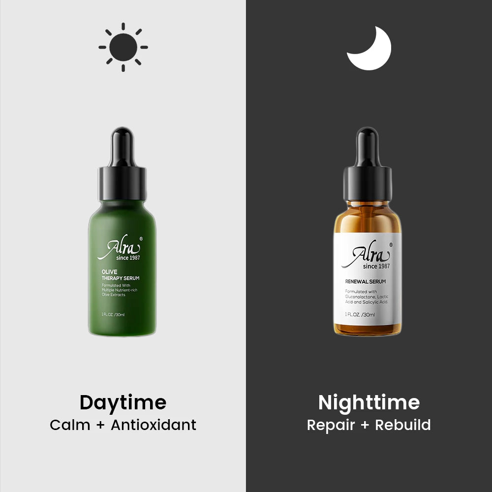 Alra Blemish Rescue Set daytime and nighttime routine with Renewal and Olive Therapy Serums
