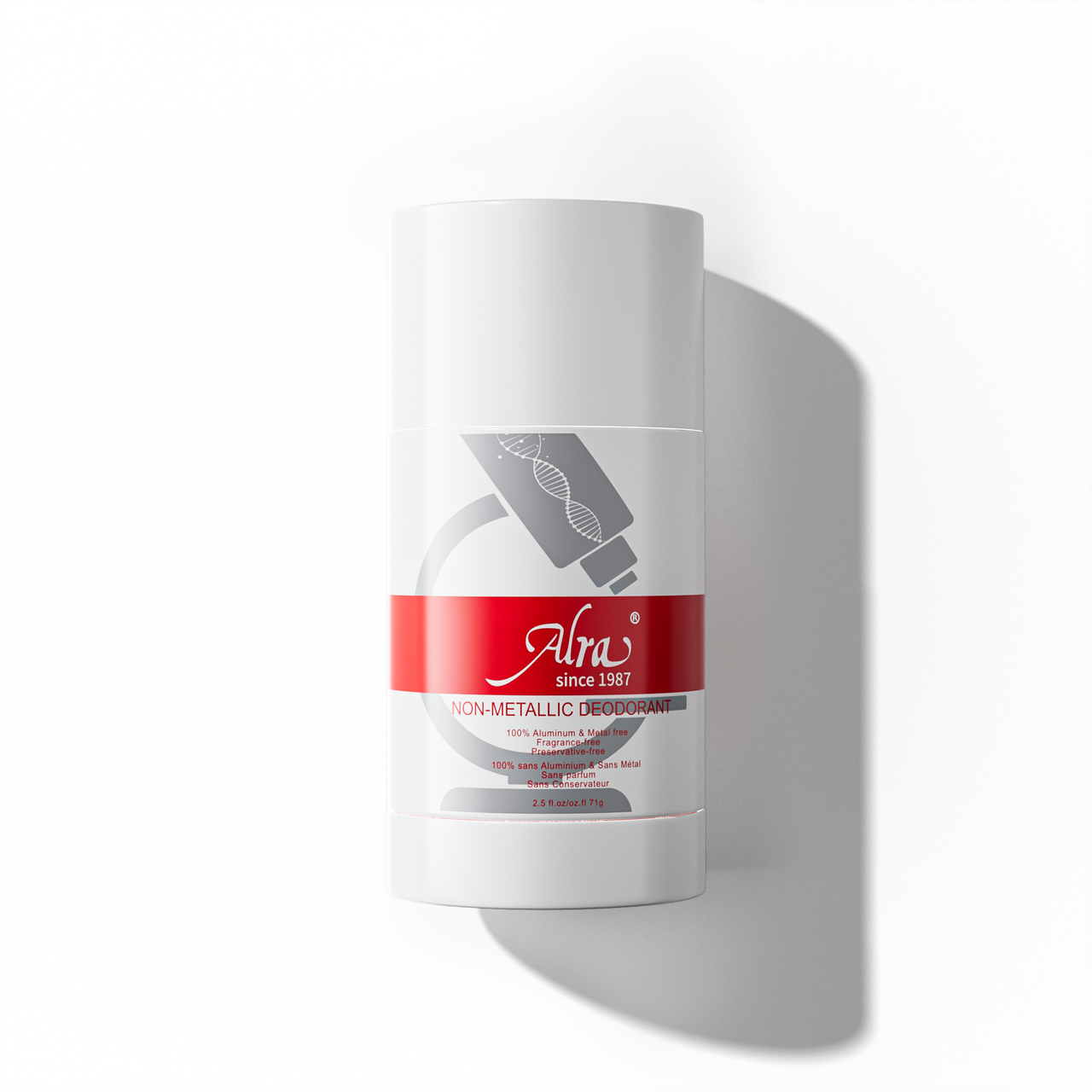 Front view of Alra Non-Metallic Deodorant box with red branding