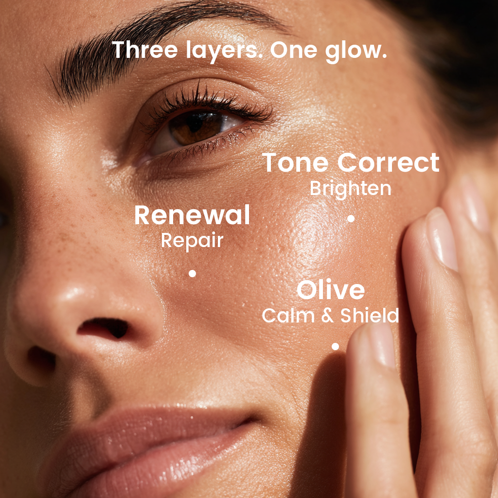 Alra Glow On Set featuring Renewal, Tone Correcting, and Olive Therapy serums – complete skincare routine for day and night.