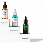 Alra Glow On Set featuring three serums arranged on a white podium: Renewal Serum for day defense, Tone Correcting Serum for radiance, and Olive Therapy Serum for night repair.