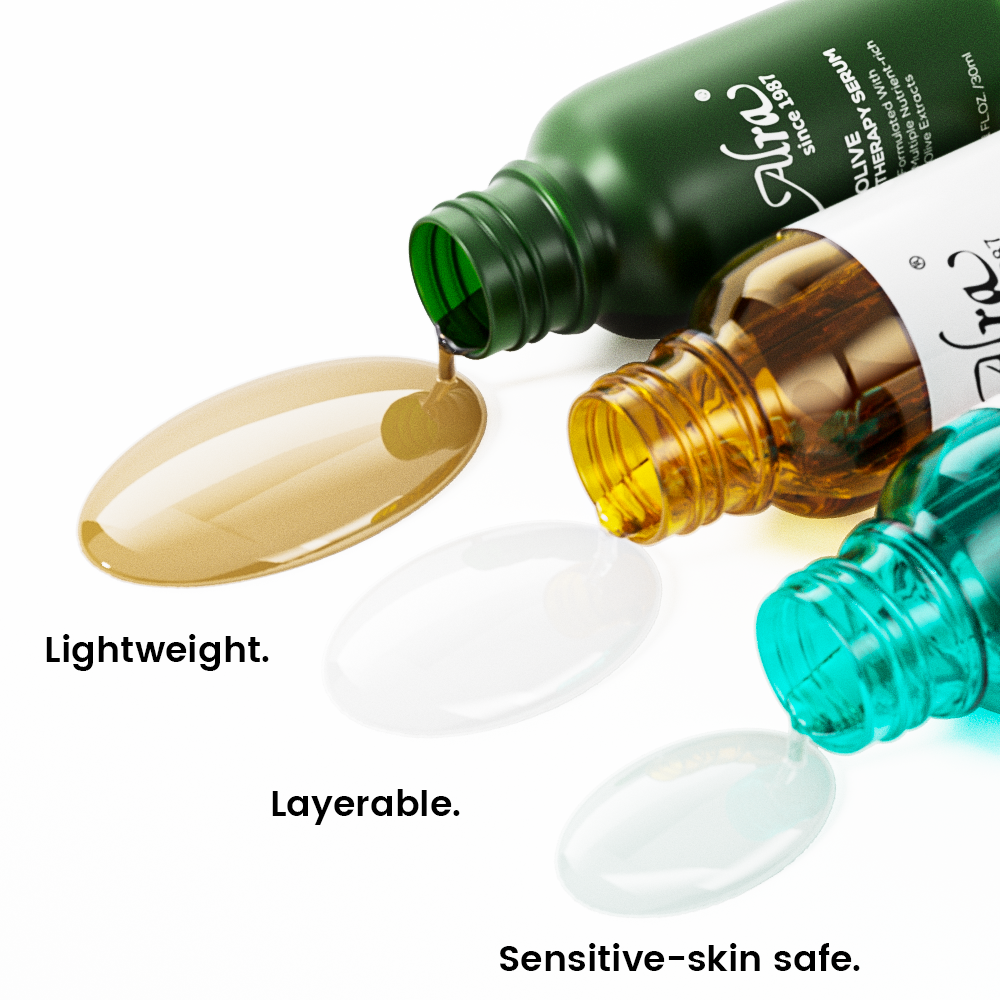 Alra Glow On Set serums with visible textures – highlighting lightweight, layerable, and sensitive-skin safe formulas.