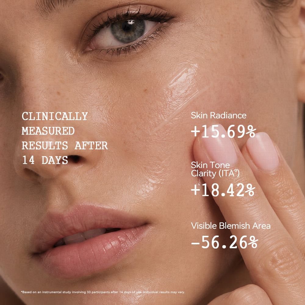 Clinically measured results for ALRA Olive Pro Mask after 14 days: skin radiance increased by 15.69%, skin tone clarity (ITA°) increased by 18.42%, and visible blemish area decreased by 56.26%. Based on an instrumental study involving 33 participants after 14 days of use. Individual results may vary.