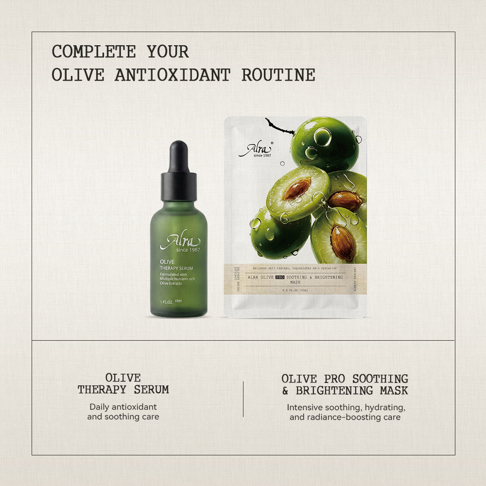 Complete your ALRA olive antioxidant routine with Olive Therapy Serum for daily antioxidant and soothing care, and Olive Pro Soothing & Brightening Mask for intensive soothing, hydrating, and radiance-boosting care.