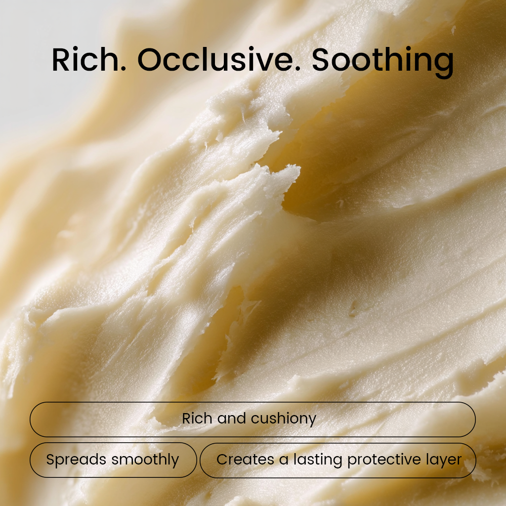 Close-up texture of a rich, creamy balm or lotion with text overlays describing its soothing, occlusive, and smooth-spreading qualities.