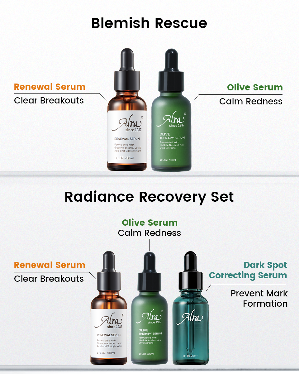 Alra Blemish Rescue and Radiance Recovery serum set for clearer, brighter-looking skin