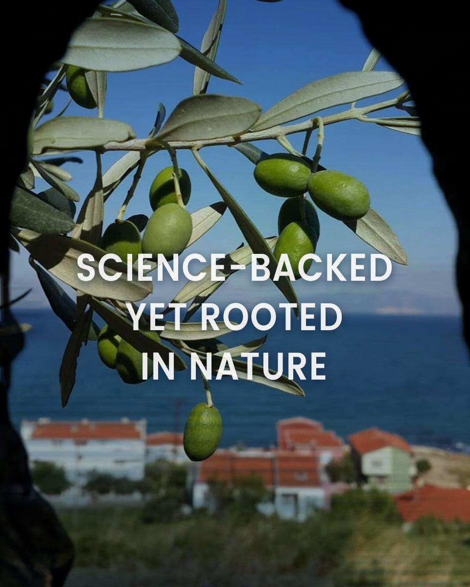 "Science-backed yet rooted in nature" — tagline emphasizing the blend of scientific research and natural ingredients.
