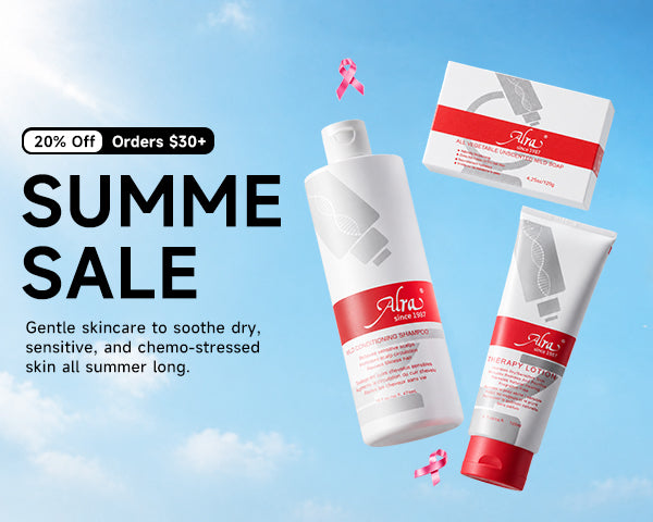 Alra summer sale. Gentle skincare to soothe dry, sensitive, and chemo-stressed skin all summer long.