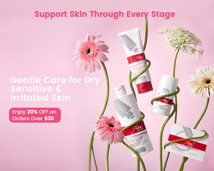 Alra promotional banner – skincare for dry, sensitive and irritated skin, supporting skin through every stage of care, 20% off orders $30+