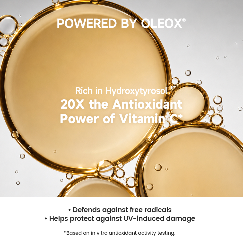 Alra Olive Therapy Serum with OLEOX® and hydroxytyrosol provides 20X the antioxidant power of vitamin C, helping defend against free radicals and UV-induced damage.
