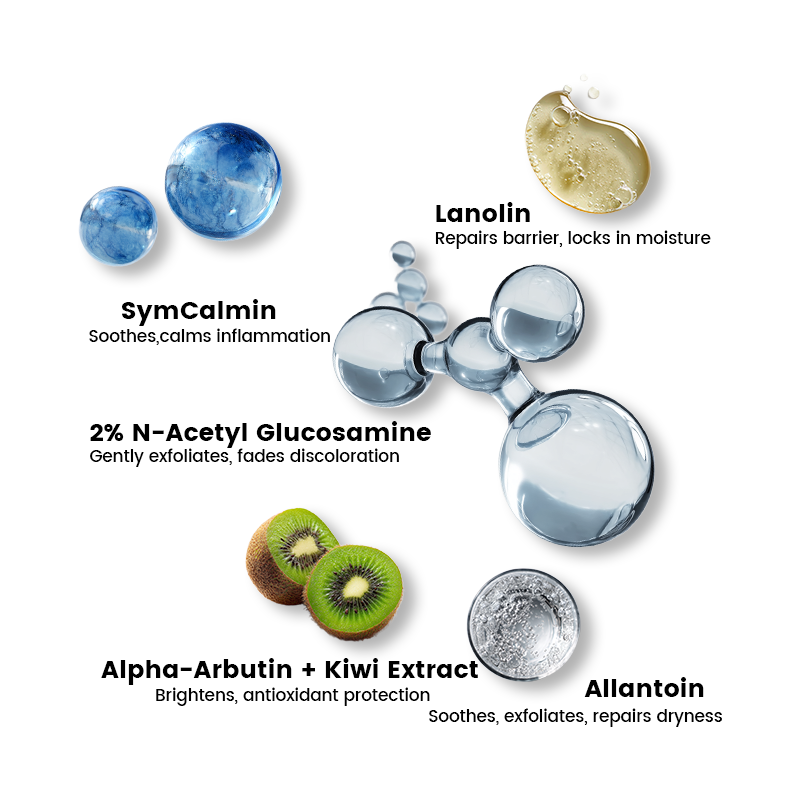 Key ingredients in Tone Serum: Lanolin, Kiwi Extract, SymCalmin, etc.
